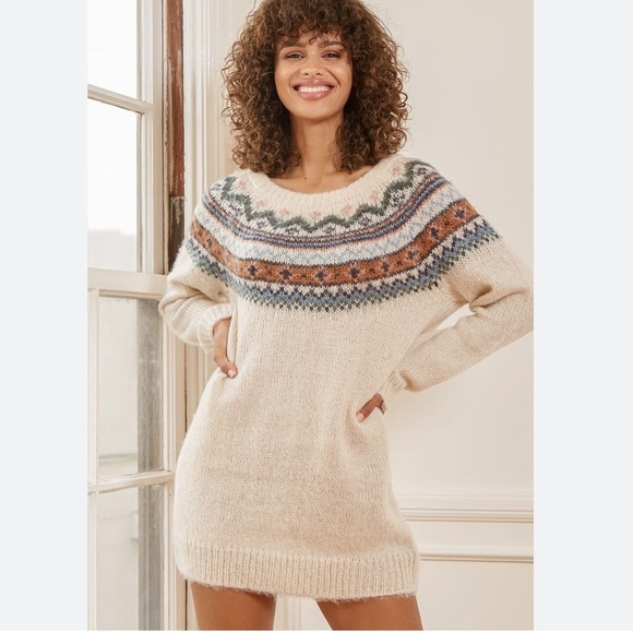 Lulus Where The Heart Is Cream Multi Knit Mini Sweater Dress Size L Womens new - Picture 1 of 8